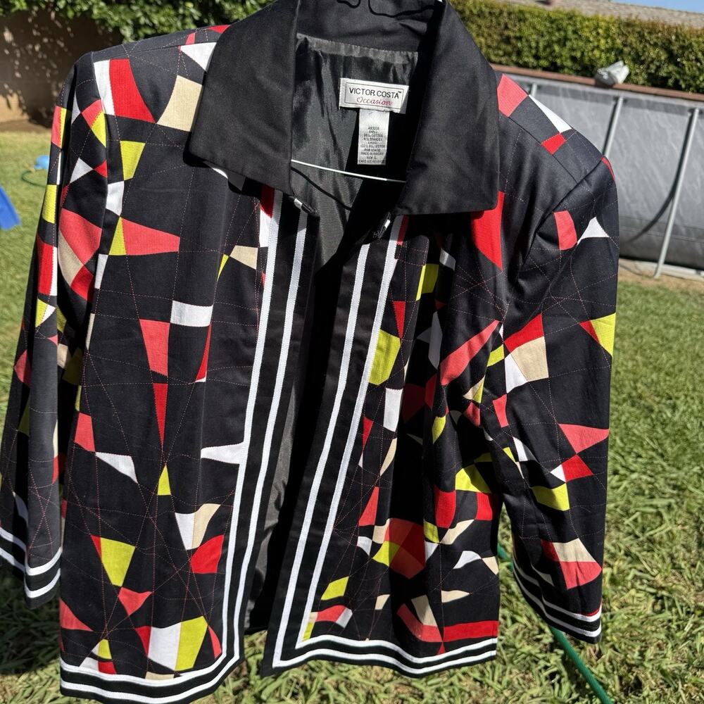 Vintage Victor Costa Blazer Geometric Bold Art To Wear Open Front Size Large